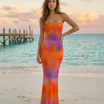 Orange Purple Sunset Ombre Print Strapless Maxi Dress