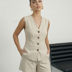 Beige Linen Blend Waistcoat Tailored Shorts Set