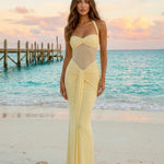 Yellow Halter Mesh Ruched Bodycon Maxi Dress