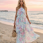 White Floral Print Halter Tiered Chiffon Maxi Dress