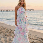 White Floral Print Halter Tiered Chiffon Maxi Dress
