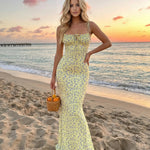 Yellow Floral Print Tie Strap Bodycon Maxi Dress