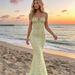 Yellow Floral Print Tie Strap Bodycon Maxi Dress