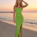 Green Backless Lace-Up Split Bodycon Maxi Dress