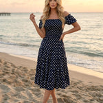 Navy Blue Polka Dot Off-Shoulder Tiered Midi Dress