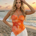 Orange Halter Sheer Floral Mesh Slim Fit Asymmetric Top