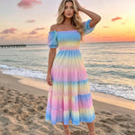 Rainbow Gradient Off-Shoulder Tiered Midi Dress