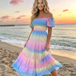 Rainbow Gradient Off-Shoulder Tiered Midi Dress