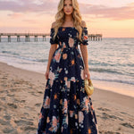 Navy Blue Floral Print Off-Shoulder Tiered Maxi Dress