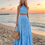 Blue Eyelet Embroidery High Waist Maxi Skirt