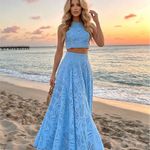 Blue Eyelet Embroidery High Waist Maxi Skirt