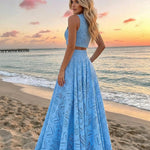 Blue Eyelet Embroidery High Waist Maxi Skirt