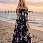Navy Blue Floral Print Off-Shoulder Tiered Maxi Dress
