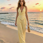 Yellow Halter Cowl Neck Sleeveless Two-Piece Pants Set