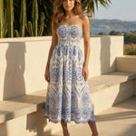 Blue Printed Strapless Smocked Waist Midi Dress