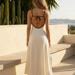 Beige Contrast Trim Open Back Tie Midi Dress
