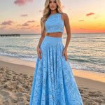Blue Eyelet Embroidery High Waist Maxi Skirt