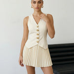 White V Neck Sleeveless Vest And Pleated Skirt Set