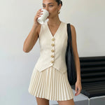 White V Neck Sleeveless Vest And Pleated Skirt Set