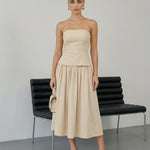 Beige Strapless Peplum Top Midi Skirt Two-Piece Dress