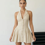 Beige Halter Neck Linen Blend Pleated Mini Dress
