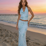 Light Blue Floral Sequin Halter Crop Top