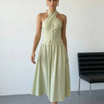 Light Green Halter Neck Bow Back Midi Dress