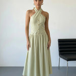 Light Green Halter Neck Bow Back Midi Dress