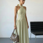 Light Green Halter Neck Bow Back Midi Dress