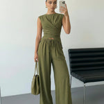 Army Green Sleeveless Wrap Top Wide Leg Pants Set