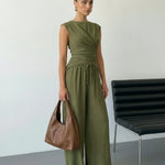 Army Green Sleeveless Wrap Top Wide Leg Pants Set