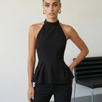 Black Solid Halter Neck Sleeveless Peplum Blouse