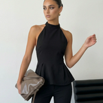 Black Solid Halter Neck Sleeveless Peplum Blouse
