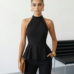 Black Solid Halter Neck Sleeveless Peplum Blouse