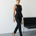 Black Solid Halter Neck Sleeveless Peplum Blouse