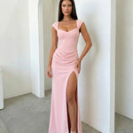 Pink Sweetheart Neck Cap Sleeve High Slit Mermaid Maxi Dress