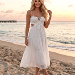 White Swiss Dot Cutout Waist Tiered Maxi Dress