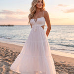 White Swiss Dot Cutout Waist Tiered Maxi Dress