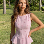 Pink Striped Bow Embroidered Sleeveless Peplum Blouse