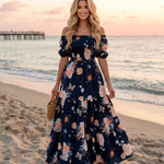 Navy Blue Floral Print Off-Shoulder Tiered Maxi Dress