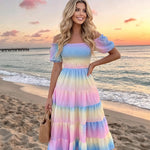 Rainbow Gradient Off-Shoulder Tiered Midi Dress
