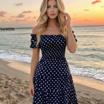 Navy Blue Polka Dot Off-Shoulder Tiered Midi Dress