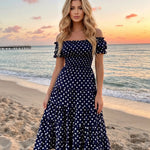 Navy Blue Polka Dot Off-Shoulder Tiered Midi Dress