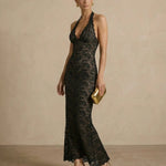 Black Halter Neck Lace Bodycon Maxi Dress