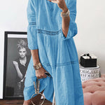 Zeagoo Women's Boho Solid Neck Hollow Out Splice 3/4 Sleeve Midi Dresses