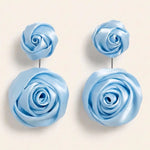 Light Blue Double Satin Rose Statement Drop Earrings