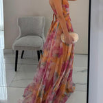 Elegant Painted Floral Print V-Neck A-Line Maxi Dress
