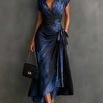Red Black Abstract Print Wrap Midi Dress Collared V Neck Short Sleeve Tie Waist Ruffled High‑Low Hem Dress