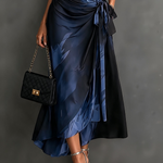 Red Black Abstract Print Wrap Midi Dress Collared V Neck Short Sleeve Tie Waist Ruffled High‑Low Hem Dress