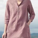 Zeagoo Solid Color Mid Sleeve Shirt Retro Urban Casual Stand Collar Loose Blouses